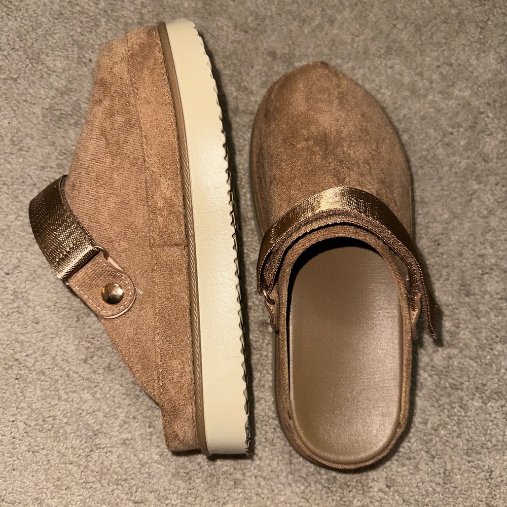 Brown Suede Slip-On Clogs with Strap